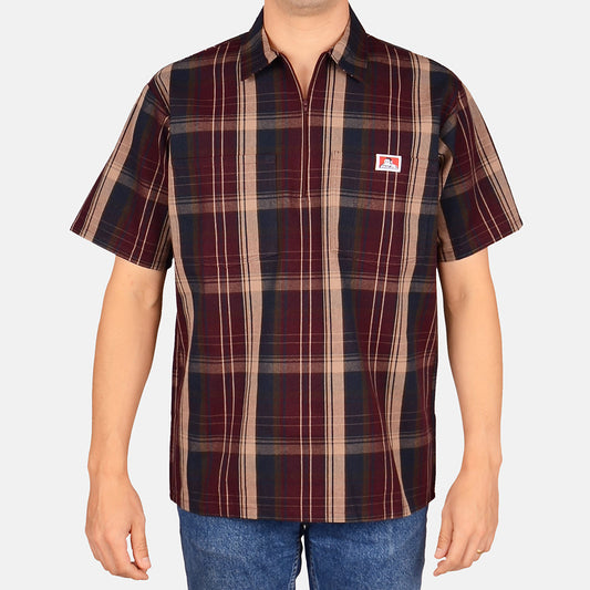 Ben Davis #136 - 1/2 Zip Short Sleeve Plaid Burgundy