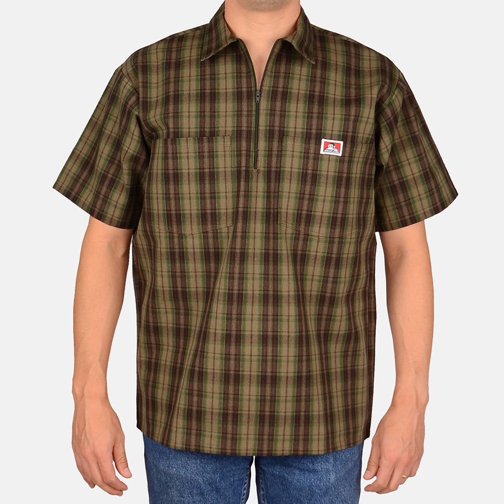 Ben Davis #138 - 1/2 Zip Short Sleeve Plaid Olive