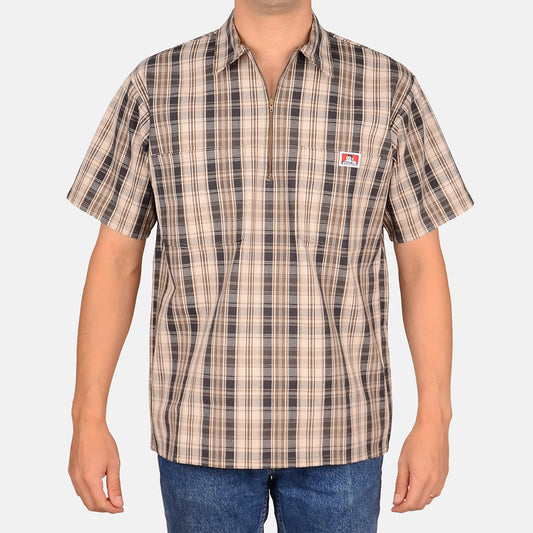 Ben Davis #135 - 1/2 Zip Short Sleeve Plaid Khaki/Grey