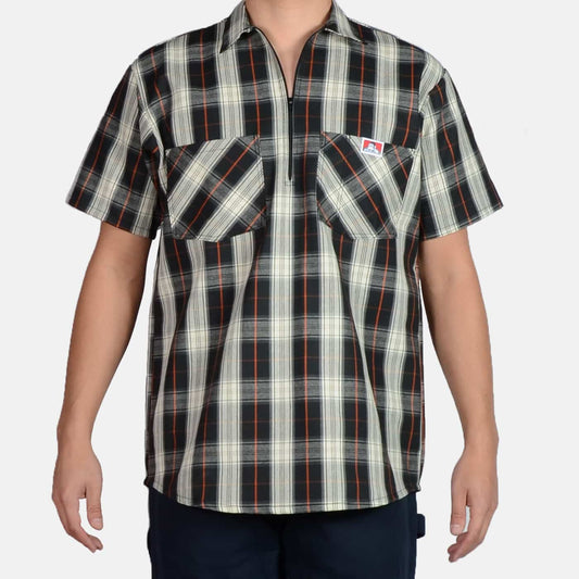 Ben Davis #130 - 1/2 Zip Short Sleeve Plaid Black/Cream