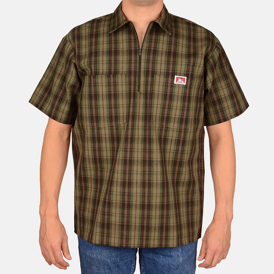 Ben Davis #138 - 1/2 Zip Short Sleeve Plaid Olive